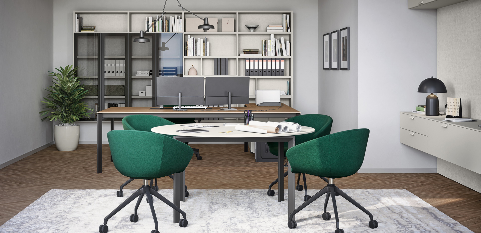 Area riunioni con sedute verdi