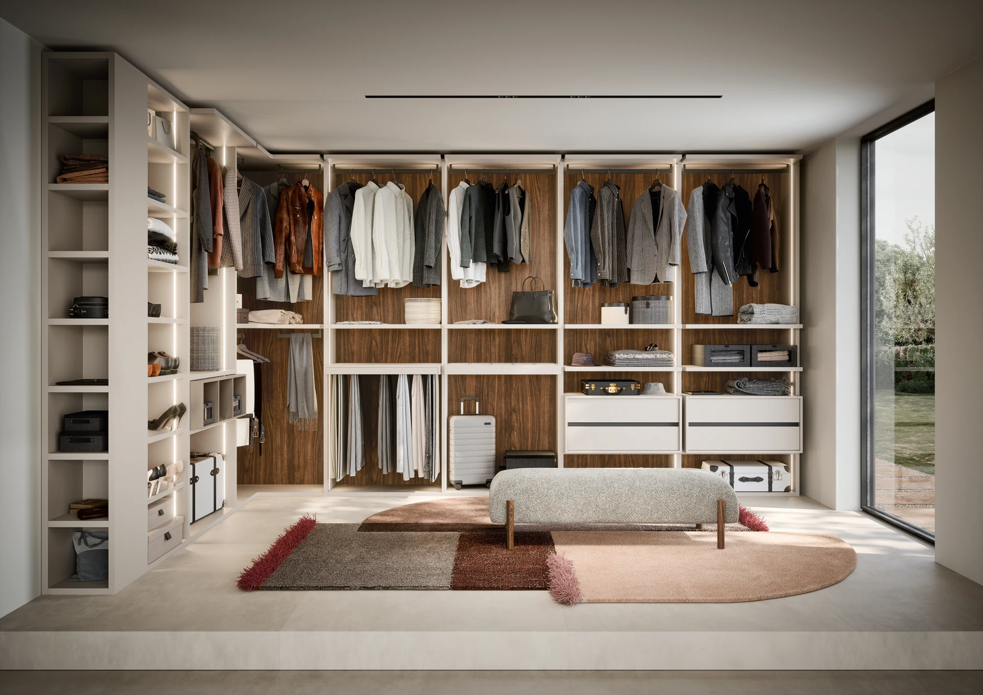 Cabina armadio con boiserie e panca
