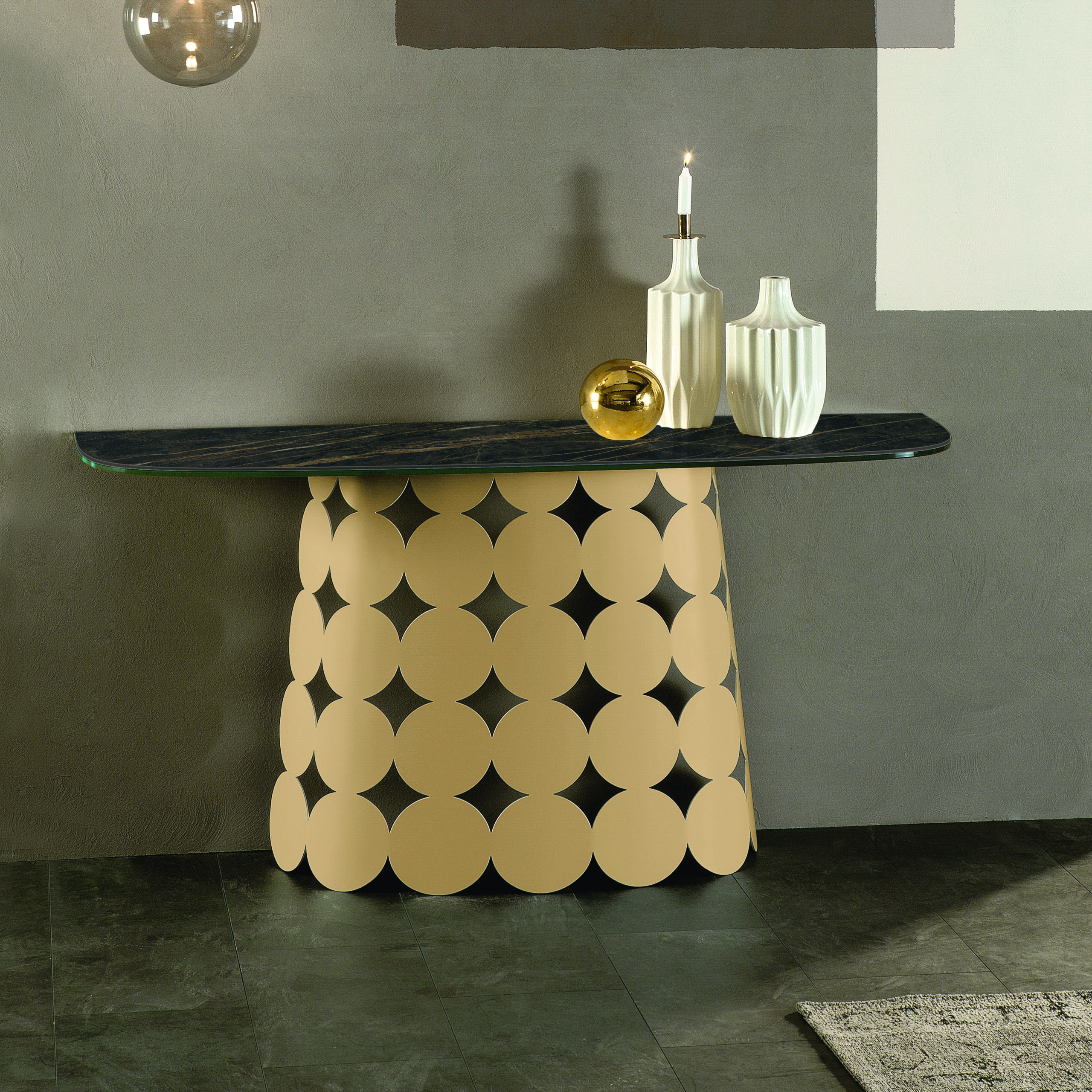 Consolle Pois 150x45x75 cm Tonin Casa - verniciato oro - piano porcellanato portoro lucido - prezzo Outlet - immagine 2