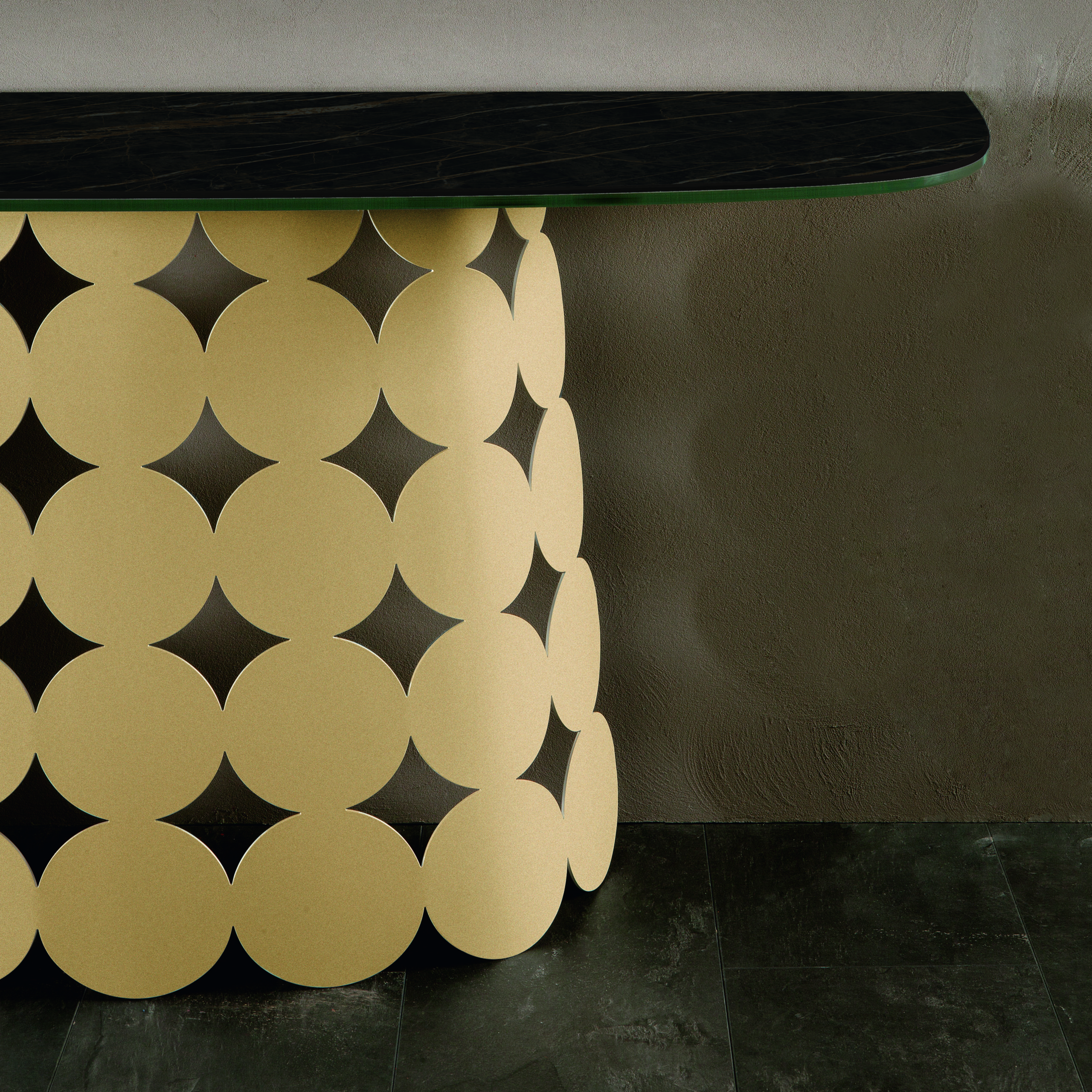 Consolle Pois 150x45x75 cm Tonin Casa - verniciato oro - piano porcellanato portoro lucido - prezzo Outlet - immagine 3