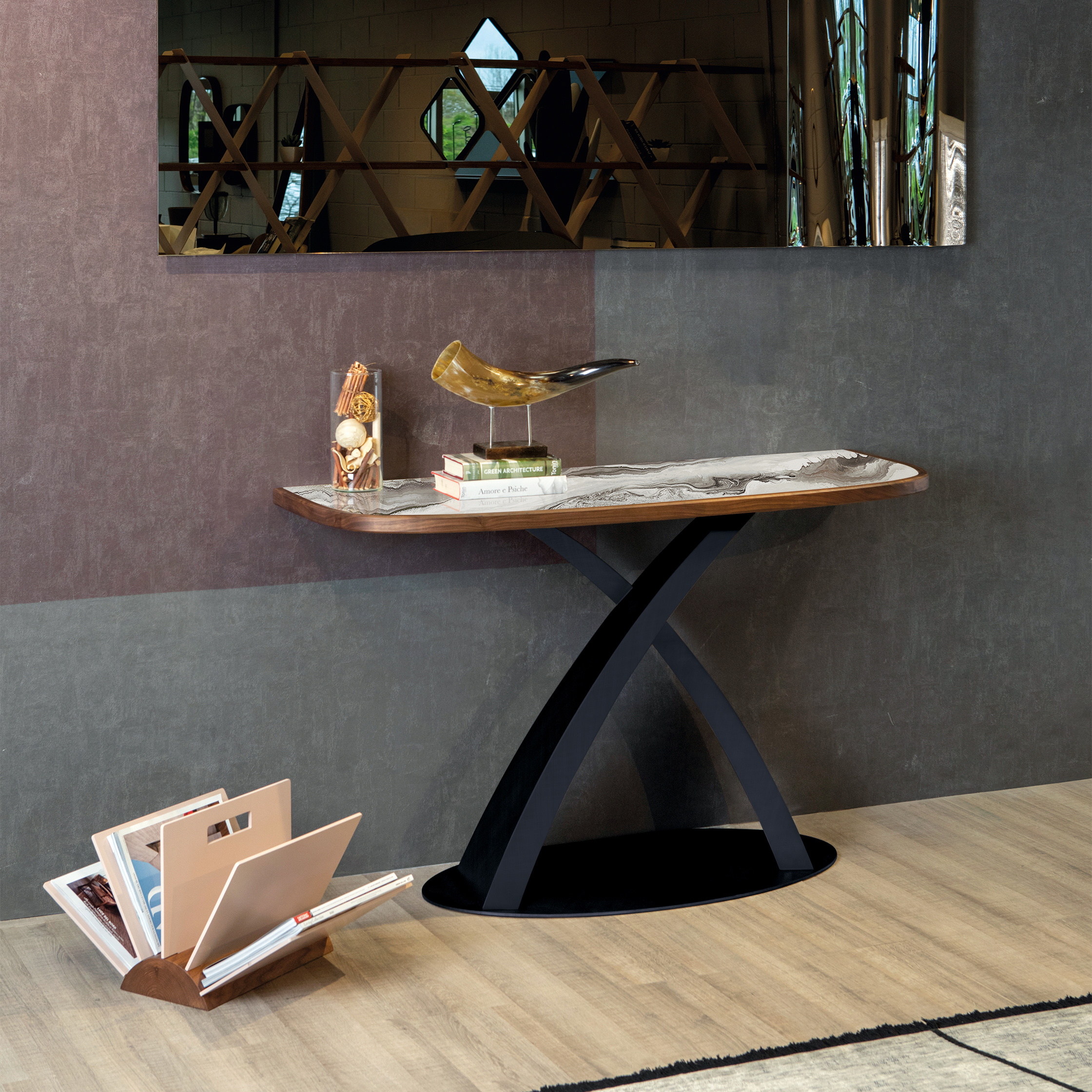 Consolle Eliseo Elite Tonin Casa - piano gres porcellanato terra liquida, bordo noce canaletto - prezzo Outlet - immagine 2